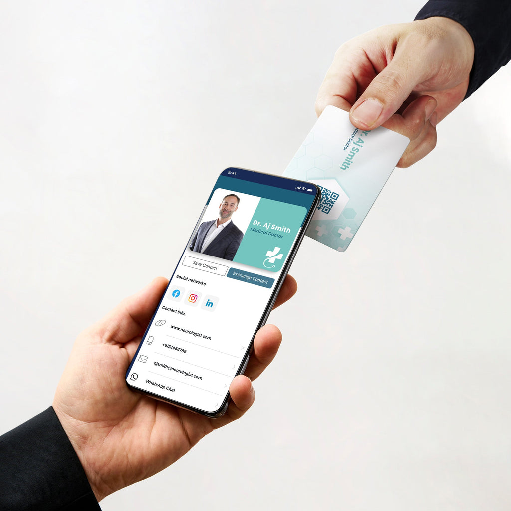 A doctor’s NFC business card being tapped to reveal a digital profile, showcasing the seamless transition from physical card to digital information.