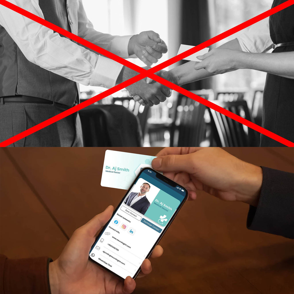 Comparison of sharing methods between traditional paper business cards and TapMo NFC smart business cards, highlighting features such as ease of sharing, contact saving, environmental impact, and interactivity.