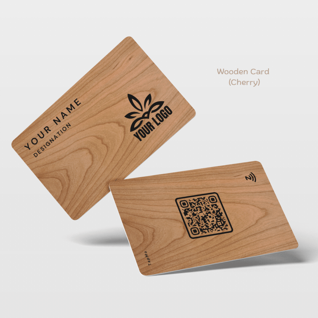 Cherry wooden NFC business card with natural grain and engraved design