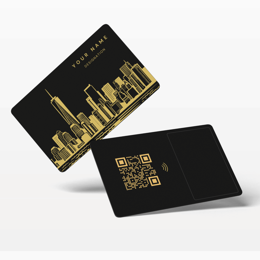 NFC-Enabled Metal Business Card with Gold Engraving for Real Estate Professionals, Designed by TapMo for Enhanced Networking and Professional Branding