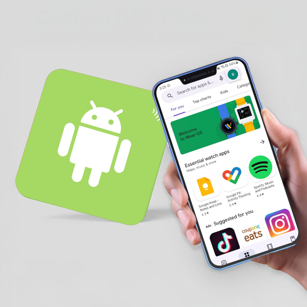 Instant Play Store download via NFC – tap or scan to install.