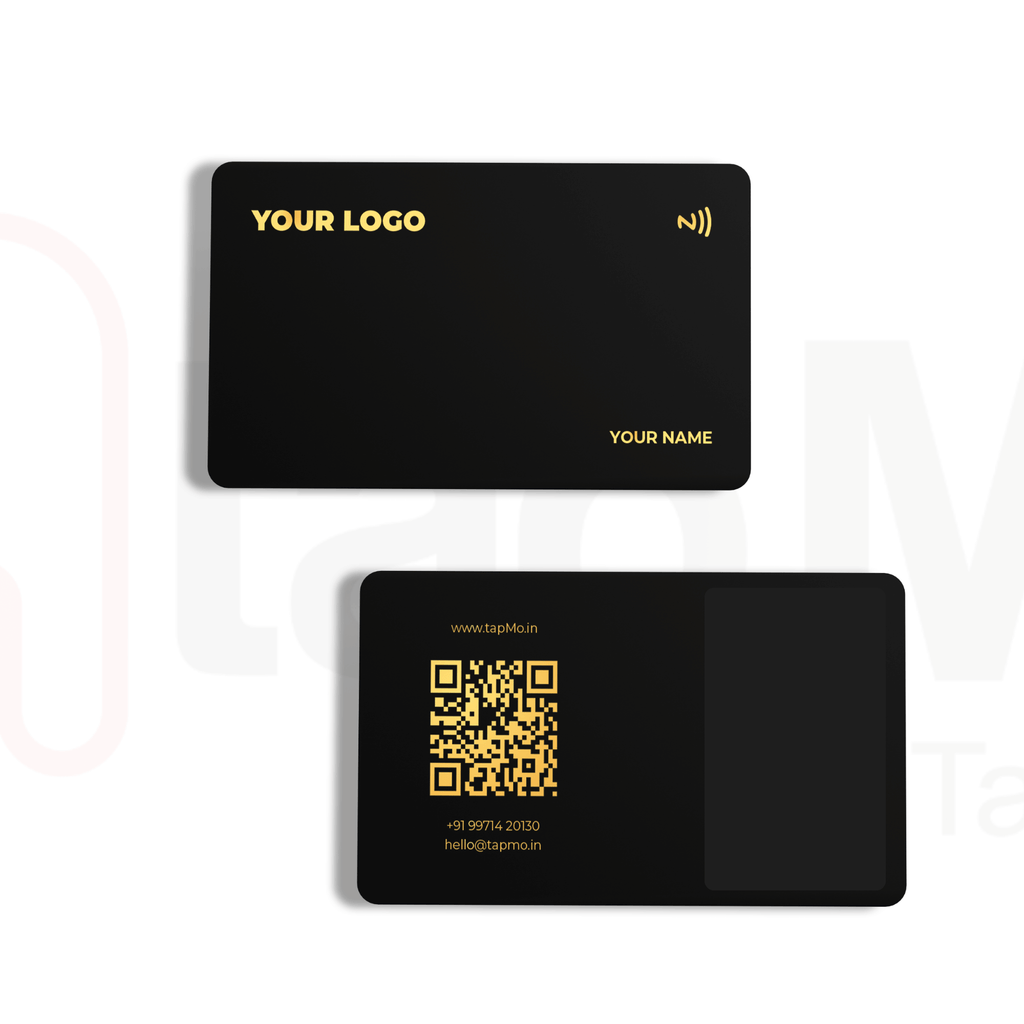 TapMo NFC metal business card with gold laser engraving, a premium contactless smart card for professionals.